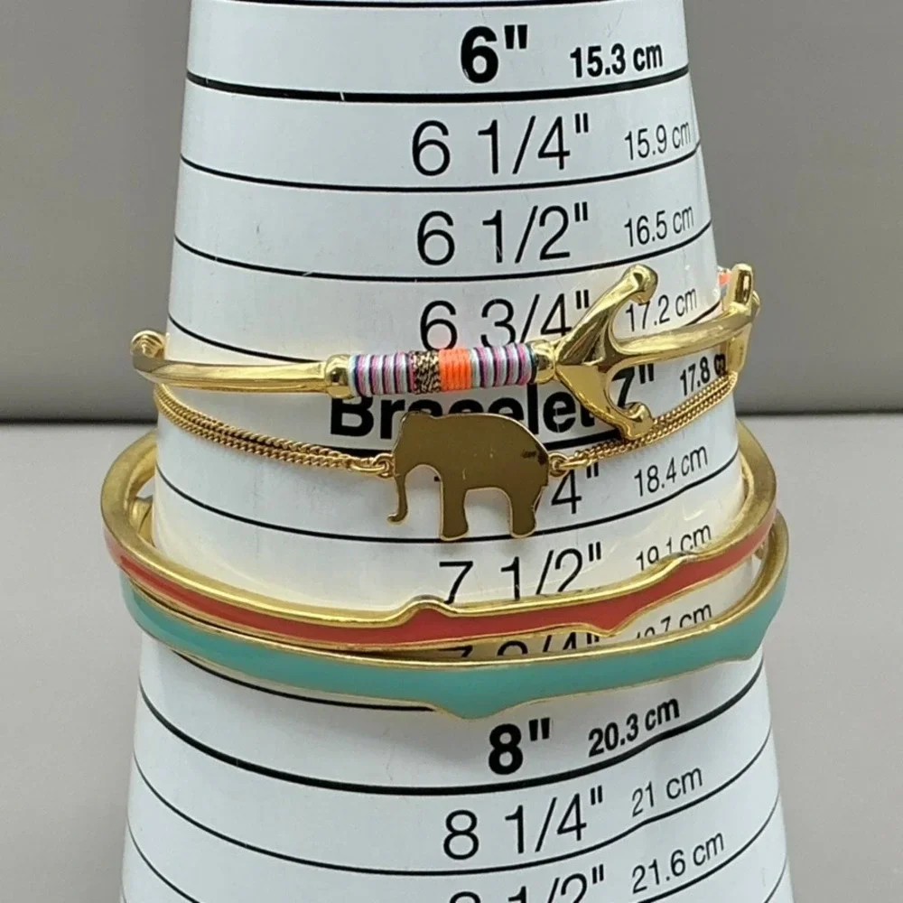 Stella & Dot Bracelet Women Gold Tone Anchor Elephant Enamel Stack Lot 7-8 Inch